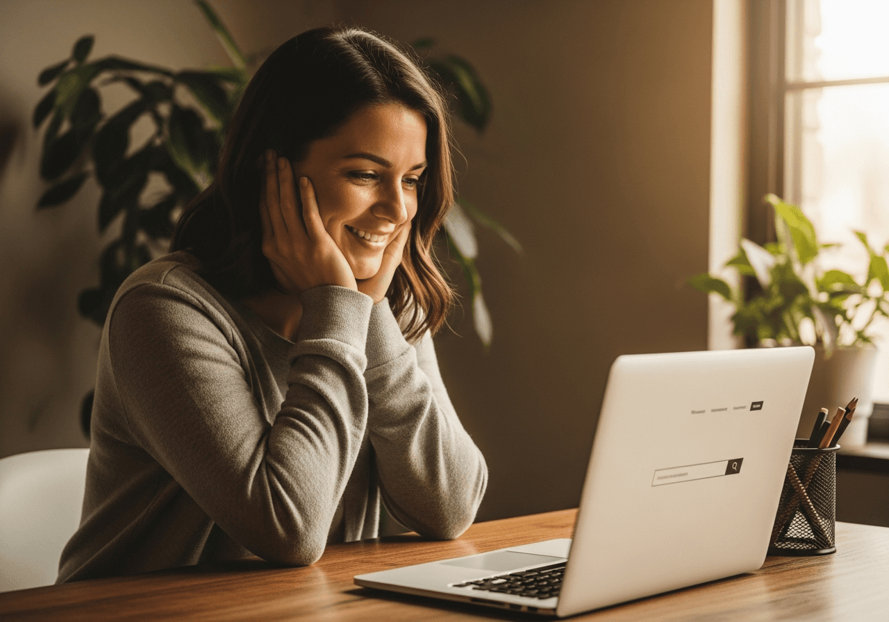 Sarah, a small business owner looking at her website